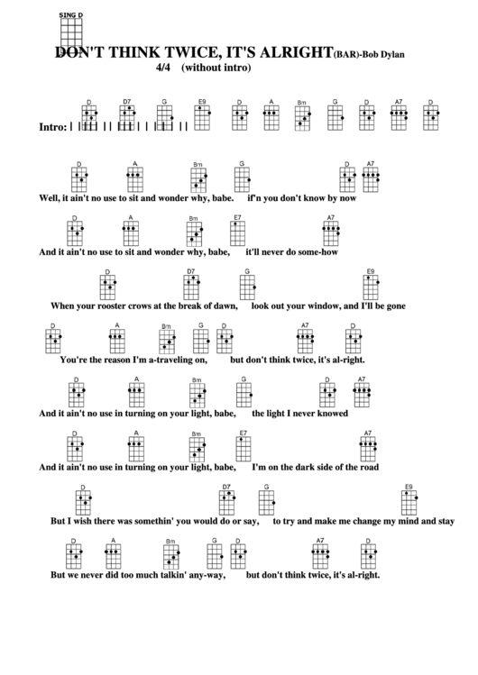 Don T Think Twice It S Alright Bar Bob Dylan Chord Chart Printable Pdf Download