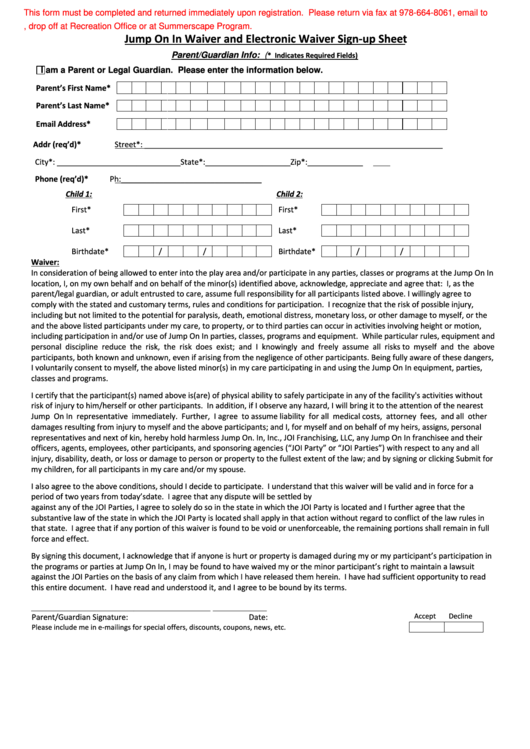 Jump On In Waiver And Electronic Waiver Sign-Up Sheet Printable pdf