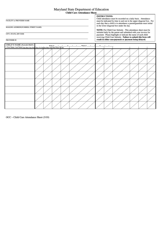 Maryland State Department Of Education Child Care Attendance Sheet