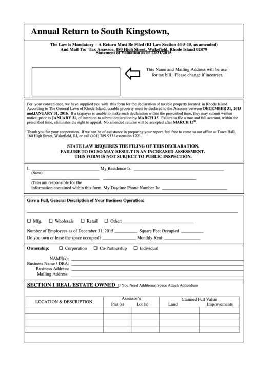 Annual Return To South Kingstown Form - R.i. Tax Assessor Printable pdf