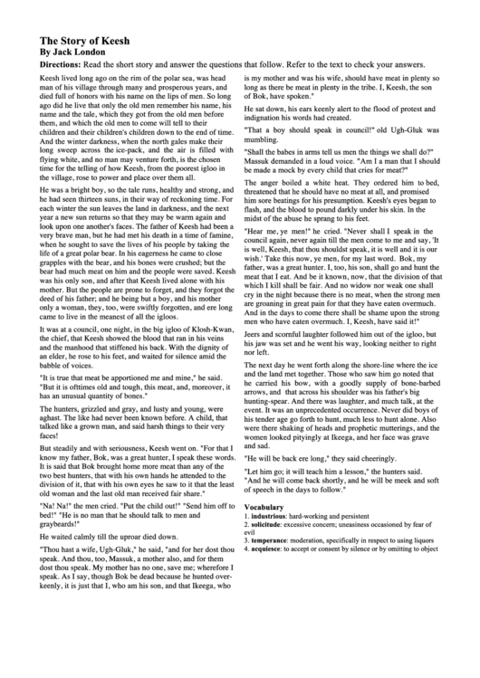 The Story Of Keesh Reading Quiz Printable pdf