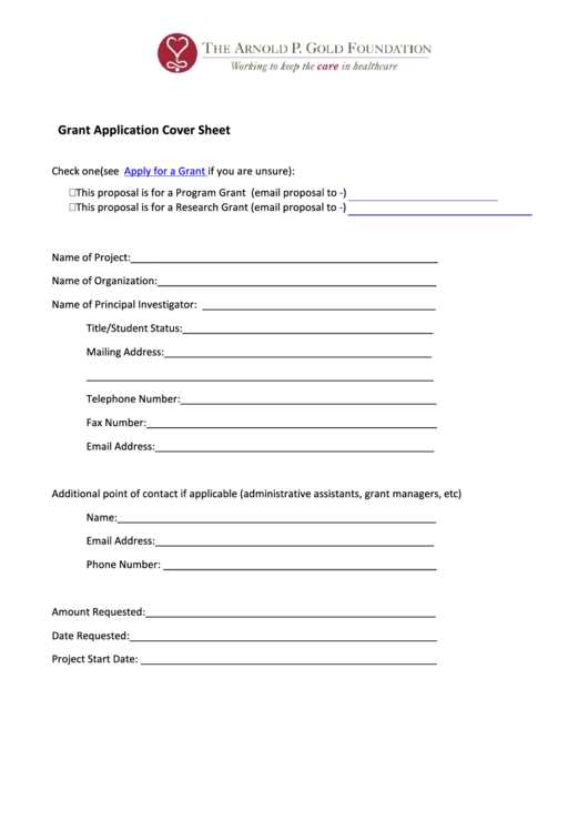 Fillable Grant Application Cover Sheet The Arnold P. Gold Foundation Printable pdf