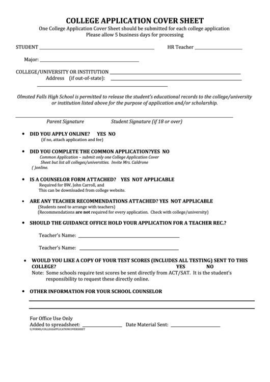 College Application Cover Sheet - Olmsted Falls City Schools Printable pdf