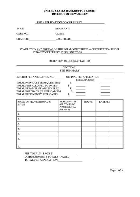 Fee Application Cover Sheet - United States Bankruptcy Court Printable pdf