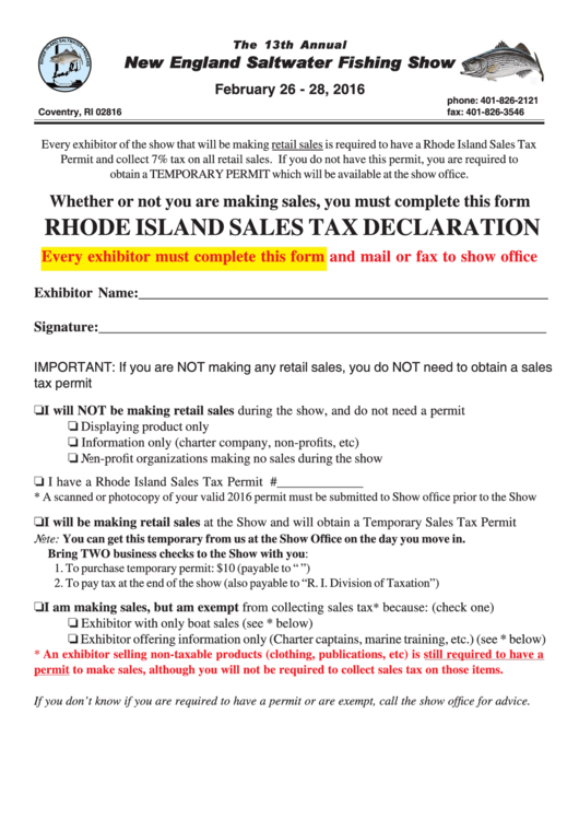 Rhode Island Sales Tax Declaration Printable pdf