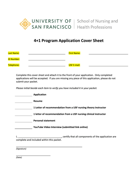 Usf 4+1 Program Application Cover Sheet Printable pdf