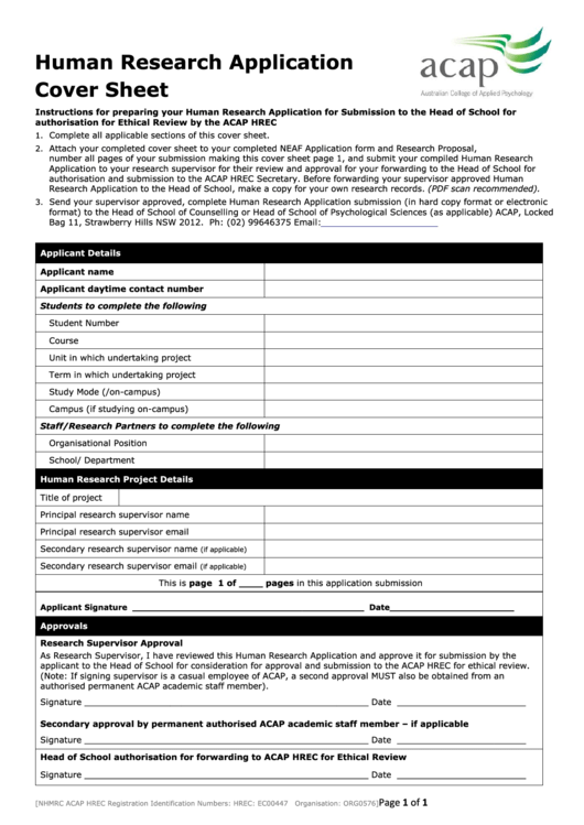 Acap Human Research Application Cover Sheet Printable pdf