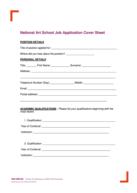 National Art School Job Application Cover Sheet Printable pdf