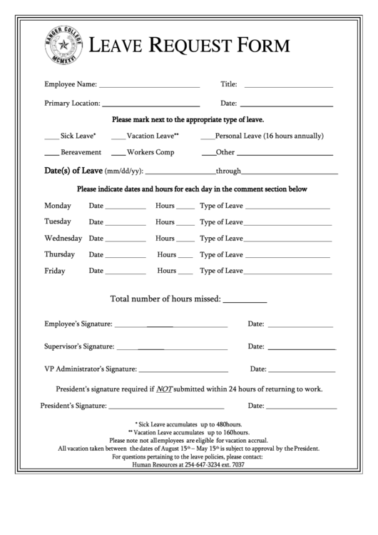 Leave Request Form - Ranger College Printable pdf
