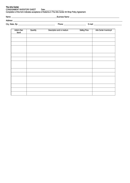 The Arts Center Consignment Inventory Sheet Printable pdf