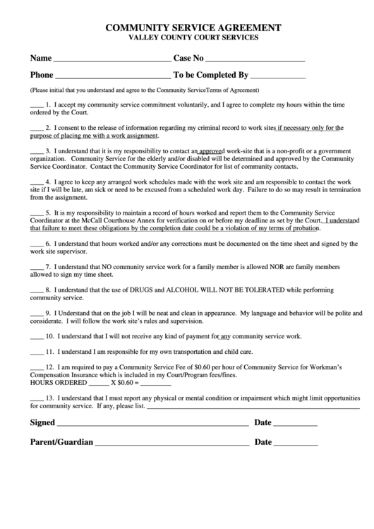 Community Service Agreement - Valley County Printable pdf
