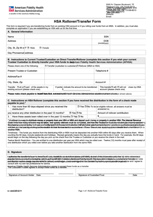 Form V-3405-0512 - Hsa Rollover/transfer Form