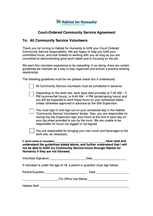 Habitat For Humanity Court-Ordered Community Service Agreement Printable pdf