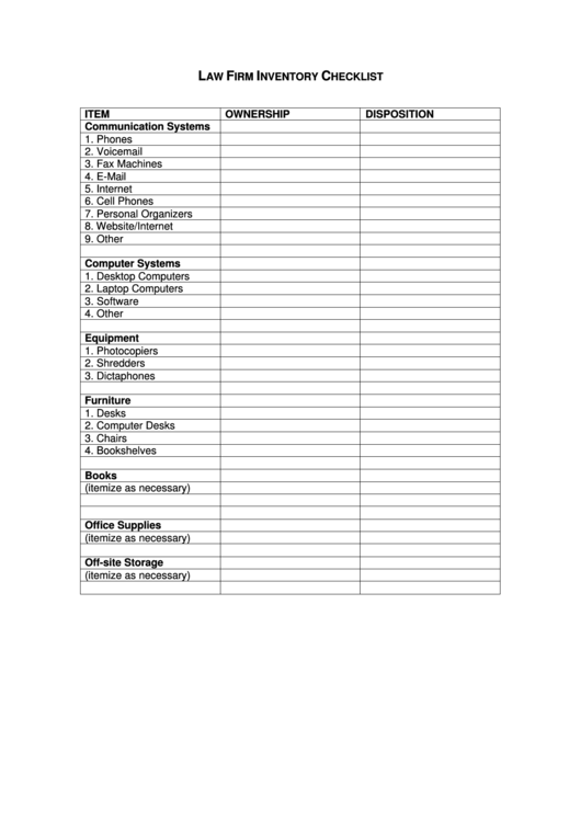 Law Firm Inventory Checklist Printable pdf