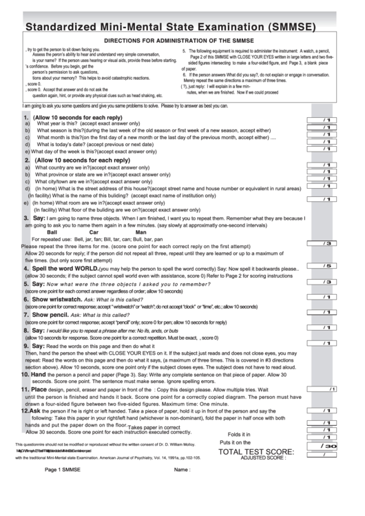 Standardized Mini Mental State Examination Form Printable pdf