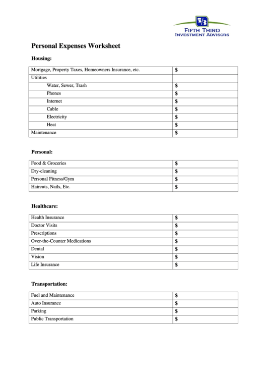 Personal Expenses Worksheet Template Printable pdf