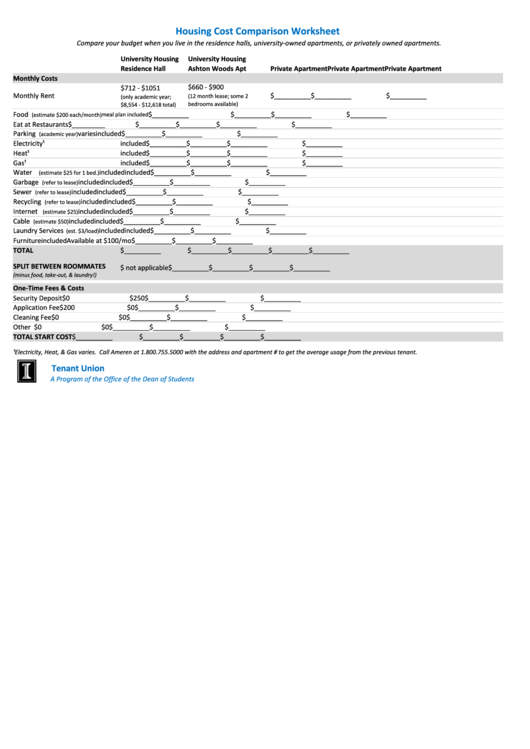 Housing Cost Comparison Worksheet - Tenant Union Printable pdf