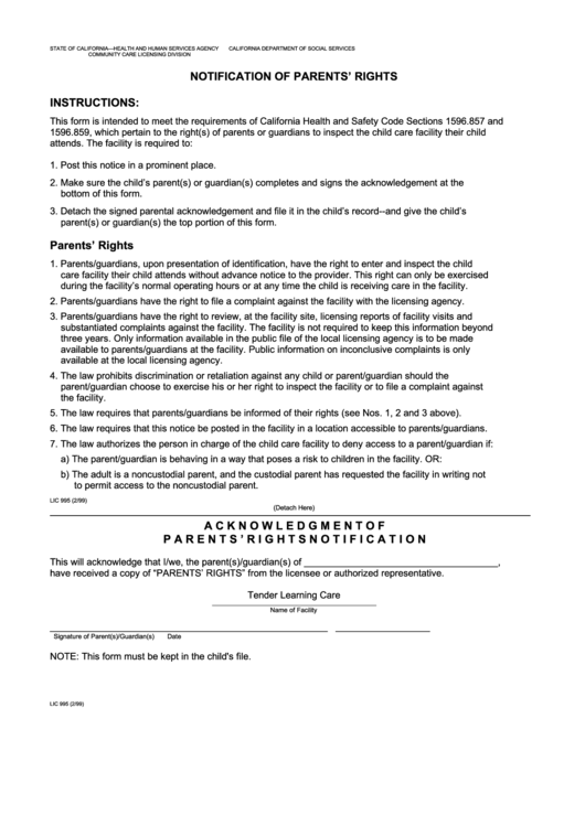Parents Rights Acknowledgement - Tender Learning Care Printable pdf