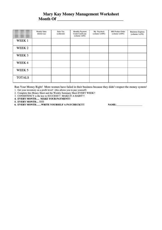 Mary Kay Money Management Worksheet Month Printable pdf