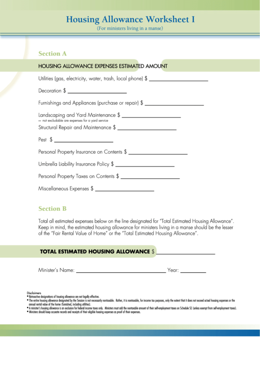 Housing Allowance Worksheet Template For Ministers Printable pdf