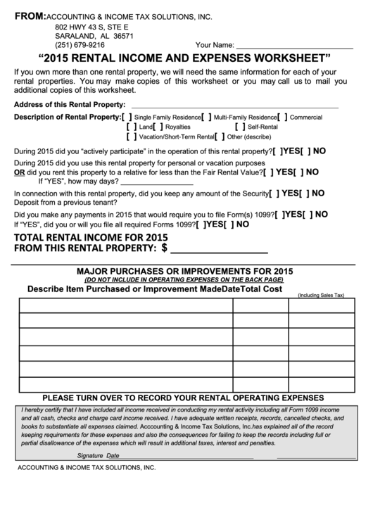 Rental Income And Expenses Worksheet Printable pdf