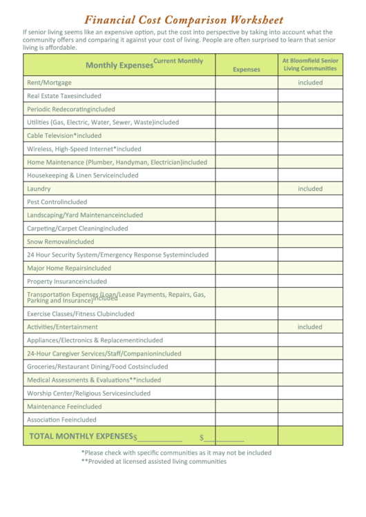 Financial Cost Comparison Worksheet Printable pdf