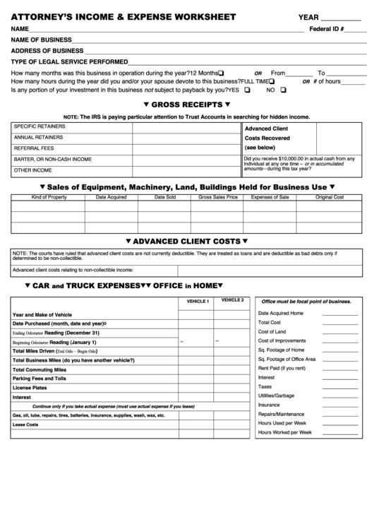 Attorney Income And Expense Worksheet Printable pdf