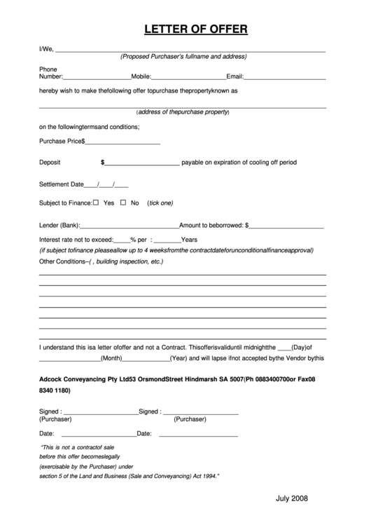 Letter Of Offer, Formr3 - Buyers Information Notice Printable pdf