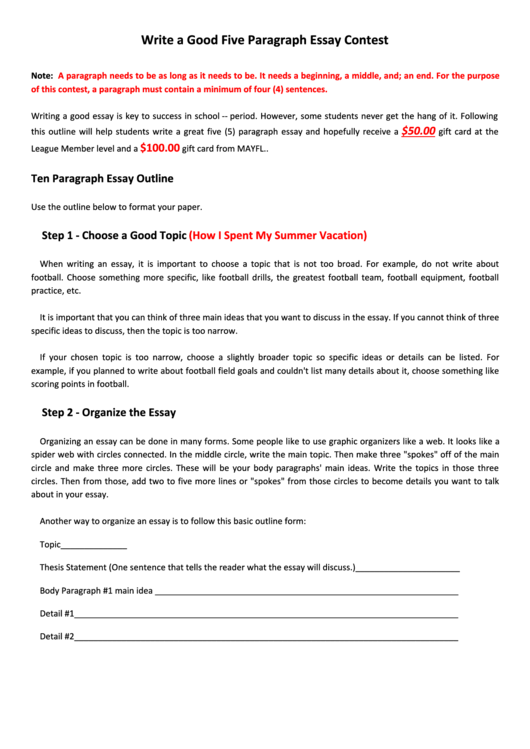 Write A Good Five Paragraph Essay Contest Template Printable pdf