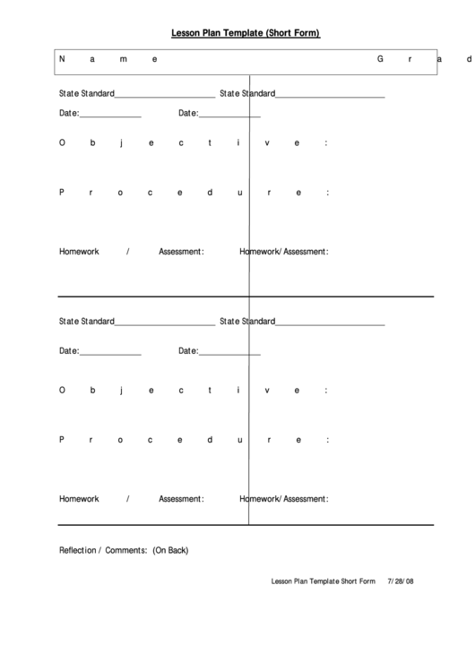 Lesson Plan Template (Short Form) Printable pdf