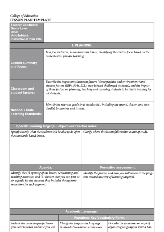 Lesson Plan Template College Of Education - Homework Market Printable pdf