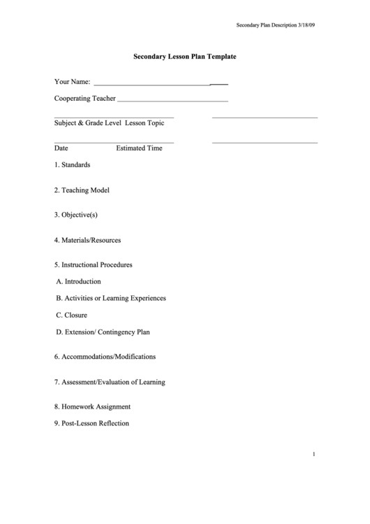 Secondary Lesson Plan Template Printable pdf