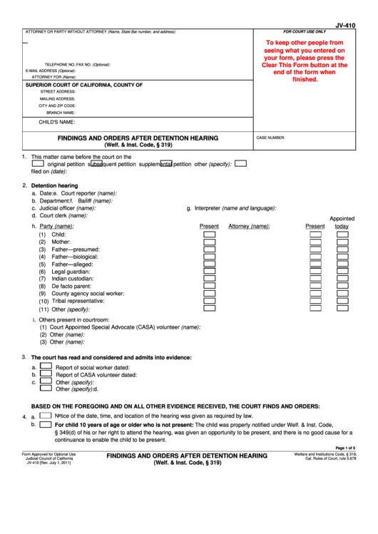 Fillable Form Jv-410 - Findings And Orders After Detention Hearing Printable pdf