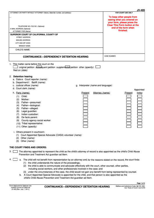 Fillable Form Jv-405 - Continuance Dependency Detention Hearing Printable pdf