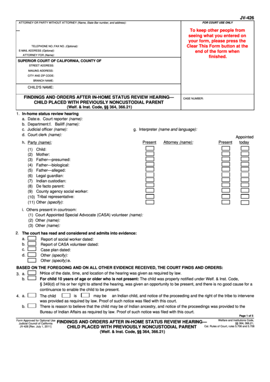 Fillable Form Jv-426 - Findings And Orders After In Home Status Review Hearing - Child Placed With Previously Noncustodial Parent Printable pdf