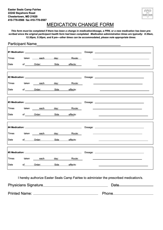 Medication Change Form Printable pdf