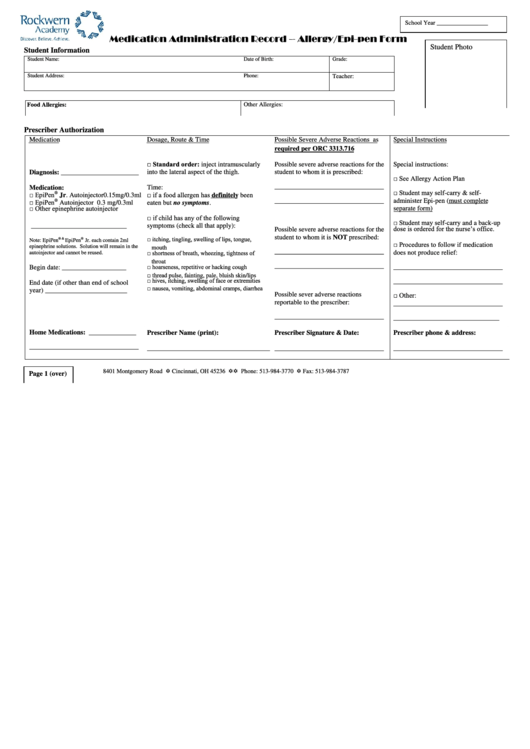 Medication Administration Record - Allergy/epi-Pen Form Printable pdf