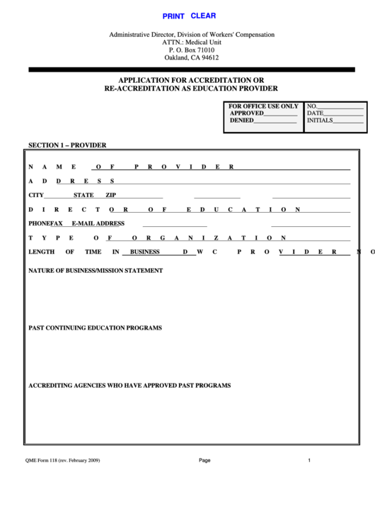 Fillable Qme Form 118 - Application For Accreditation Or Re-Accreditation As Education Provider Printable pdf