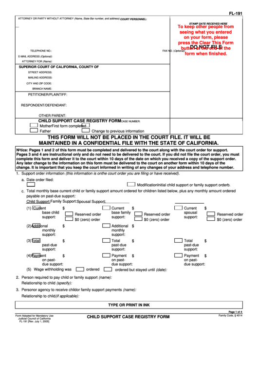 Fillable Child Support Case Registry Form Printable pdf