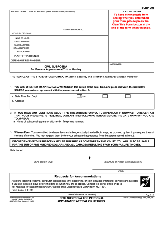 Fillable Form Subp-001 - Civil Subpoena Printable pdf