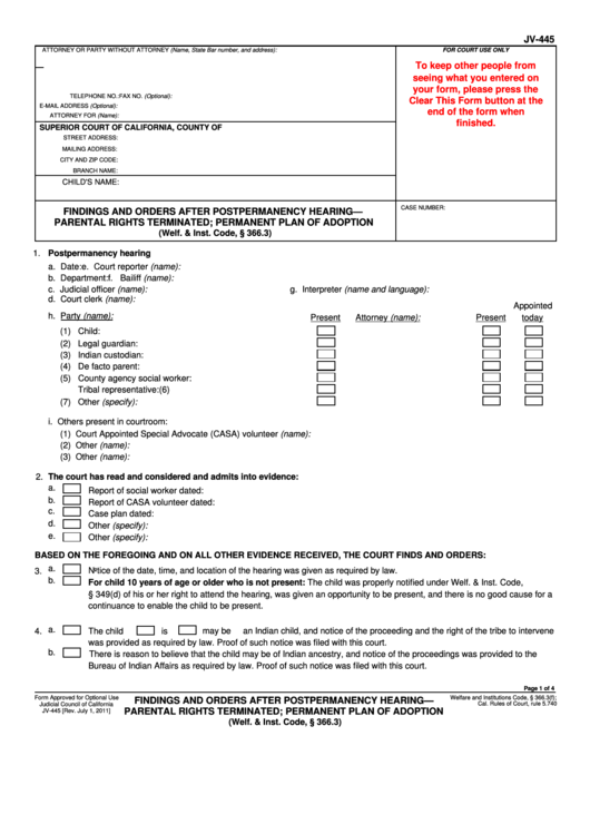 Fillable Jv-445 Form - Parental Rights Terminated Permanent Plan Of Adoption Order Printable pdf