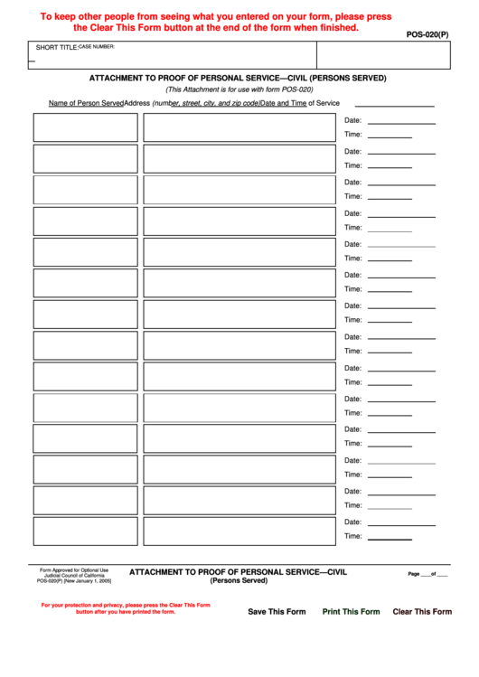 Form Pos-020 - Attachment To Proof Of Personal Service - Civil