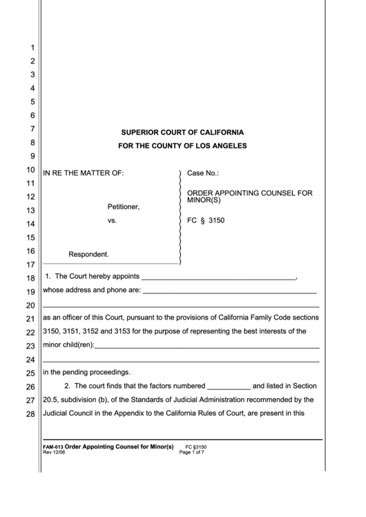Fillable Form Fam-013 - Order Appointing Counsel For Minors - 2006 Printable pdf