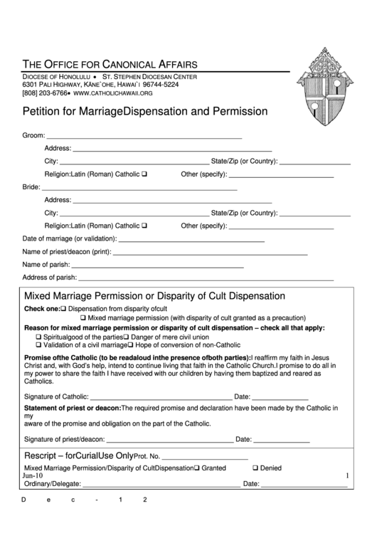 Fillable The Office For Canonical Affairs Petition For Marriage Dispensation And Permission Printable pdf