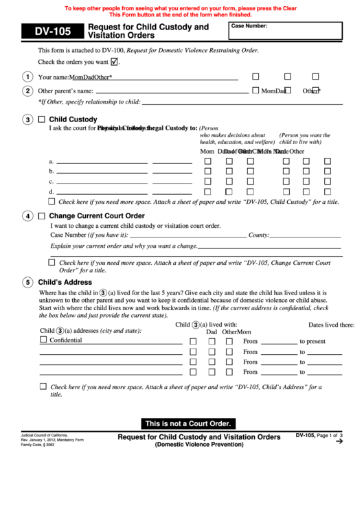 Fillable Request For Child Custody And Visitation Orders Printable pdf