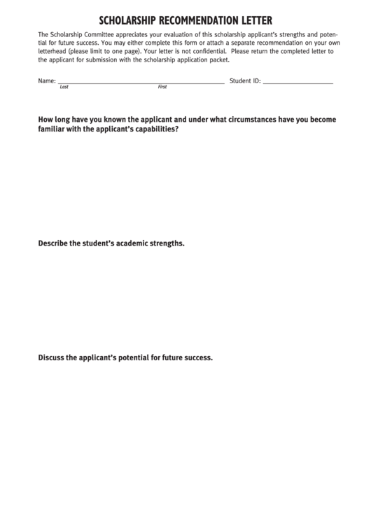 Fillable Scholarship Recommendation Letter Template Printable pdf