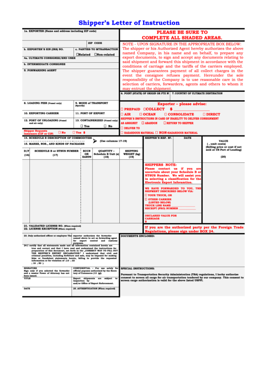 Shipper S Letter Of Instruction printable pdf download