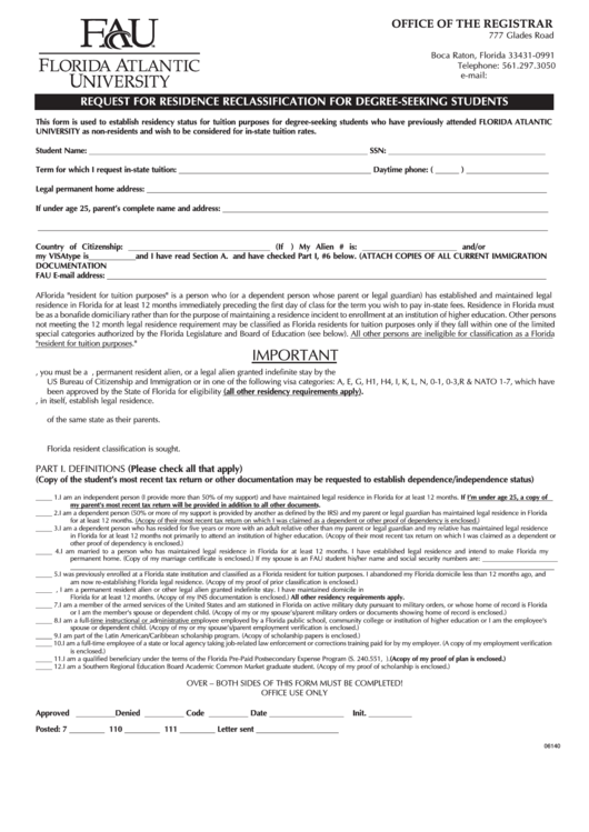 Request Form For Residence Reclassification For Degree-Seeking Students Printable pdf