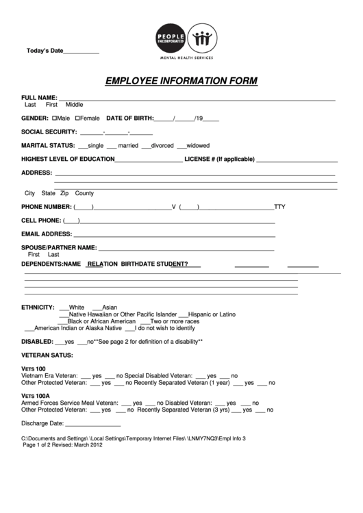 Employee Information Form - People Incorporated Printable pdf