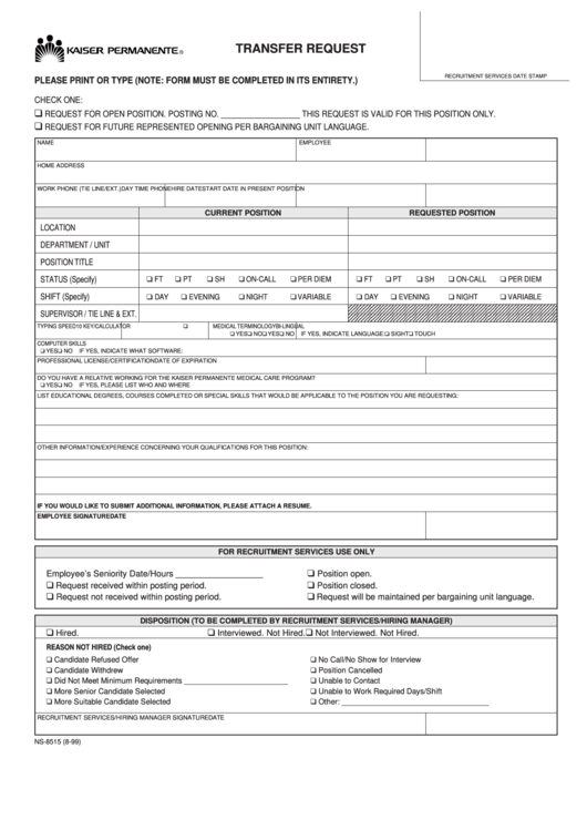 Transfer Request Template - Kaiser Forms Printable pdf